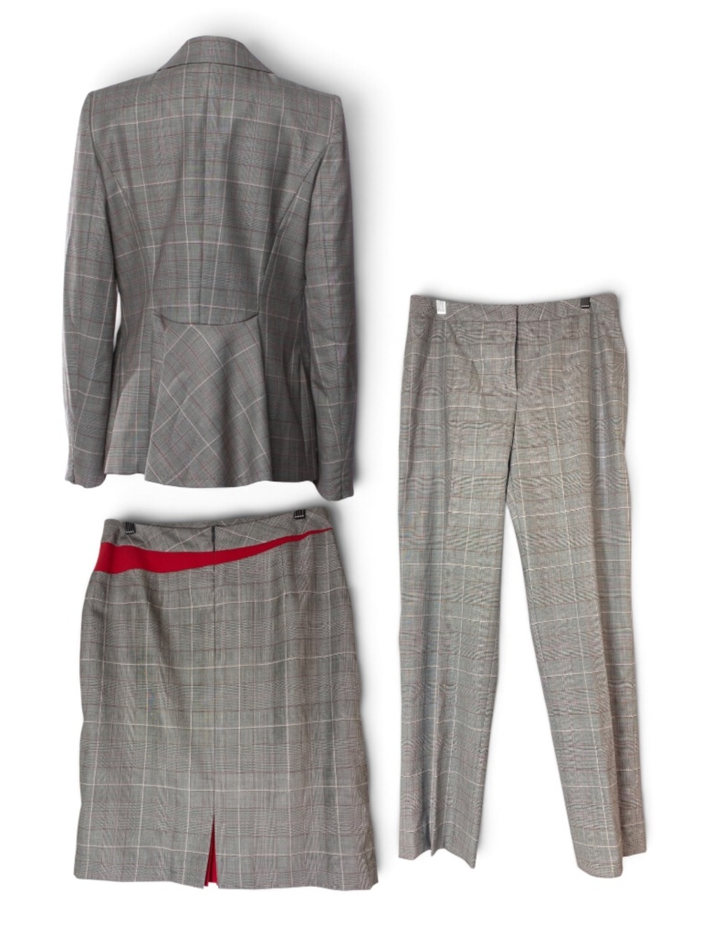 ESCADA 3-Piece Gray Plaid Suit Set Peplum Blazer EU 36 Pants & Skirt EU 38